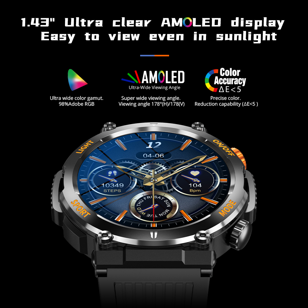 COLMI V68 1.43'' AMOLED 디스플레이 Smartwatch 100 스포츠 모드 나침반 손전등 남성 군용 등급 인성 Sma (